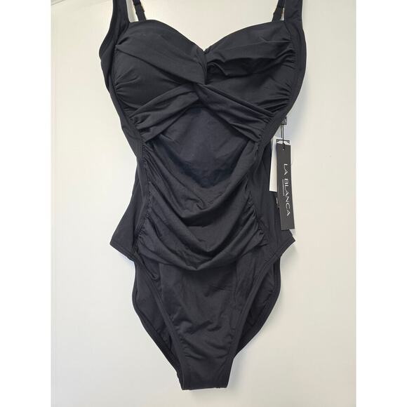 La Blanca Island Goddess Rouched Over The Shoulder Swimsuit Size 6 Black New - Picture 2 of 8